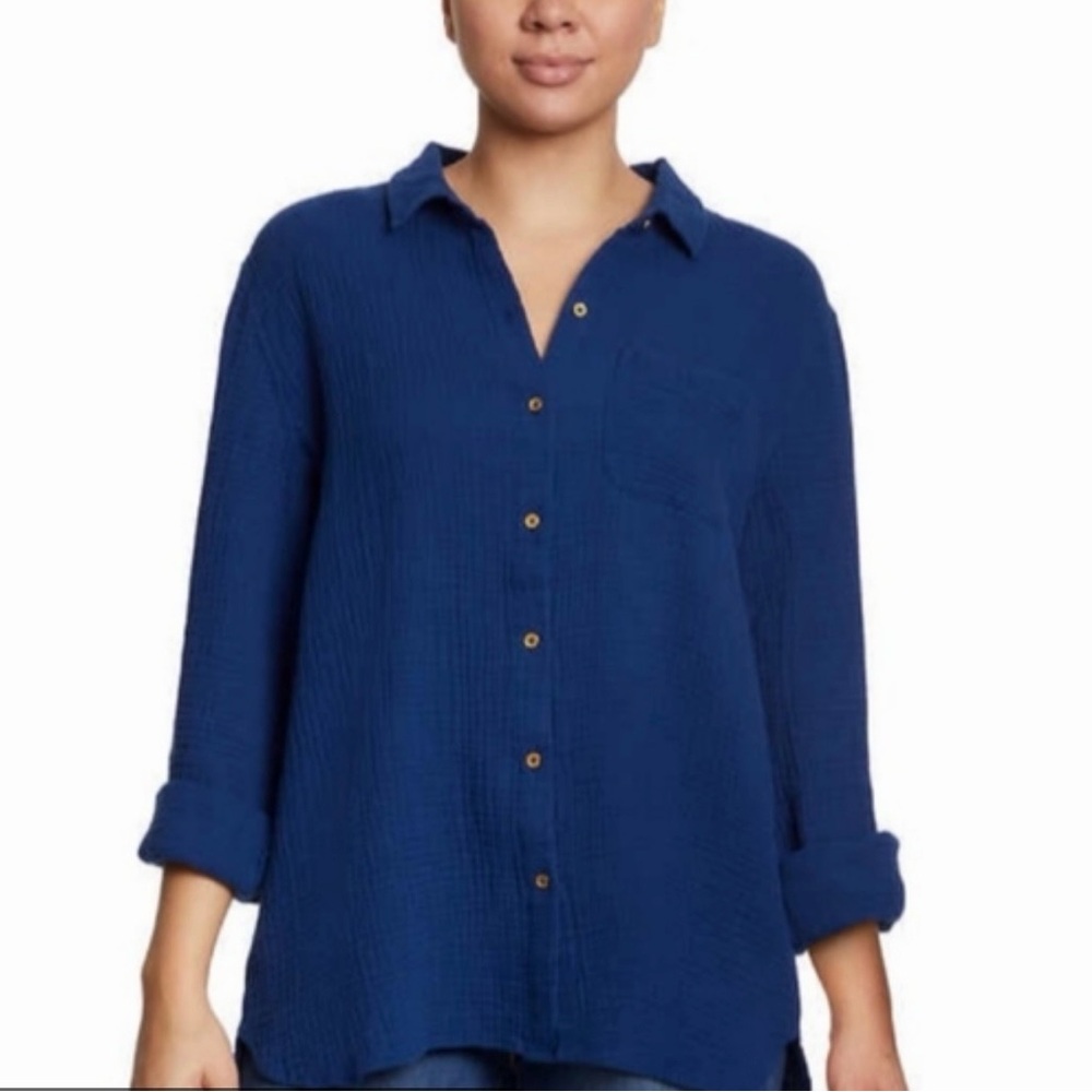Anne Klein Button Down Roll-Tab Shirt Womens Sz M  Minimalist Casual Lightweight